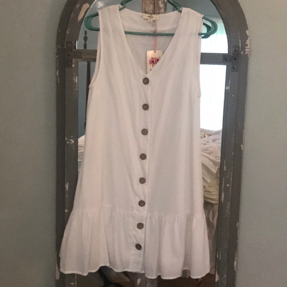 White button down shift dress with ruffle